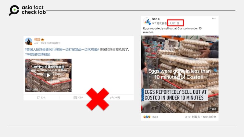 近日网传美国民众因贸易战抢购鸡蛋（图左），但所附视频今年2月已出现（图右），当时民众是因为禽流感疫情导致鸡蛋供应紧张而抢购。微博、脸书截图